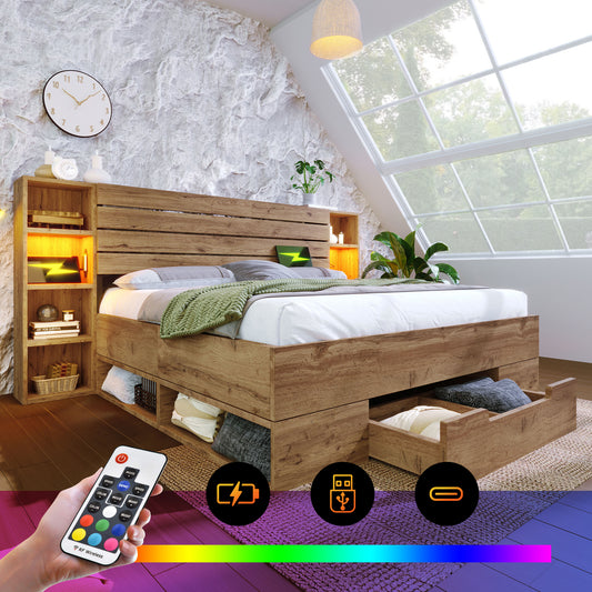 Double Bed Solid Wood Bed 160x200, Storage Bed Bed System With LED Lighting And USB C Storage Headboard And Drawers, Bed Frame Slatted Wood Frame, Oak Without Mattress