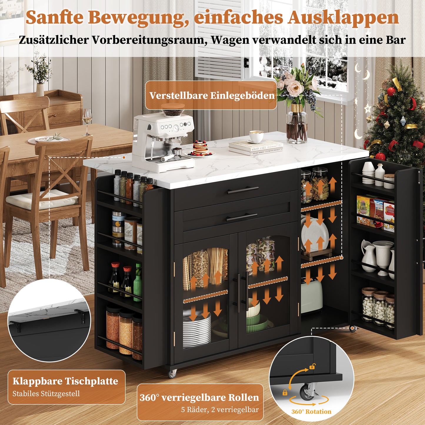 Mobile Kitchen Island With Folding Work Area, Kitchen Trolley, 5 Wheels, Multiple Storage Solutions, Spice Rack, Cutlery Drawer, 120 X 45  X 90 Cm