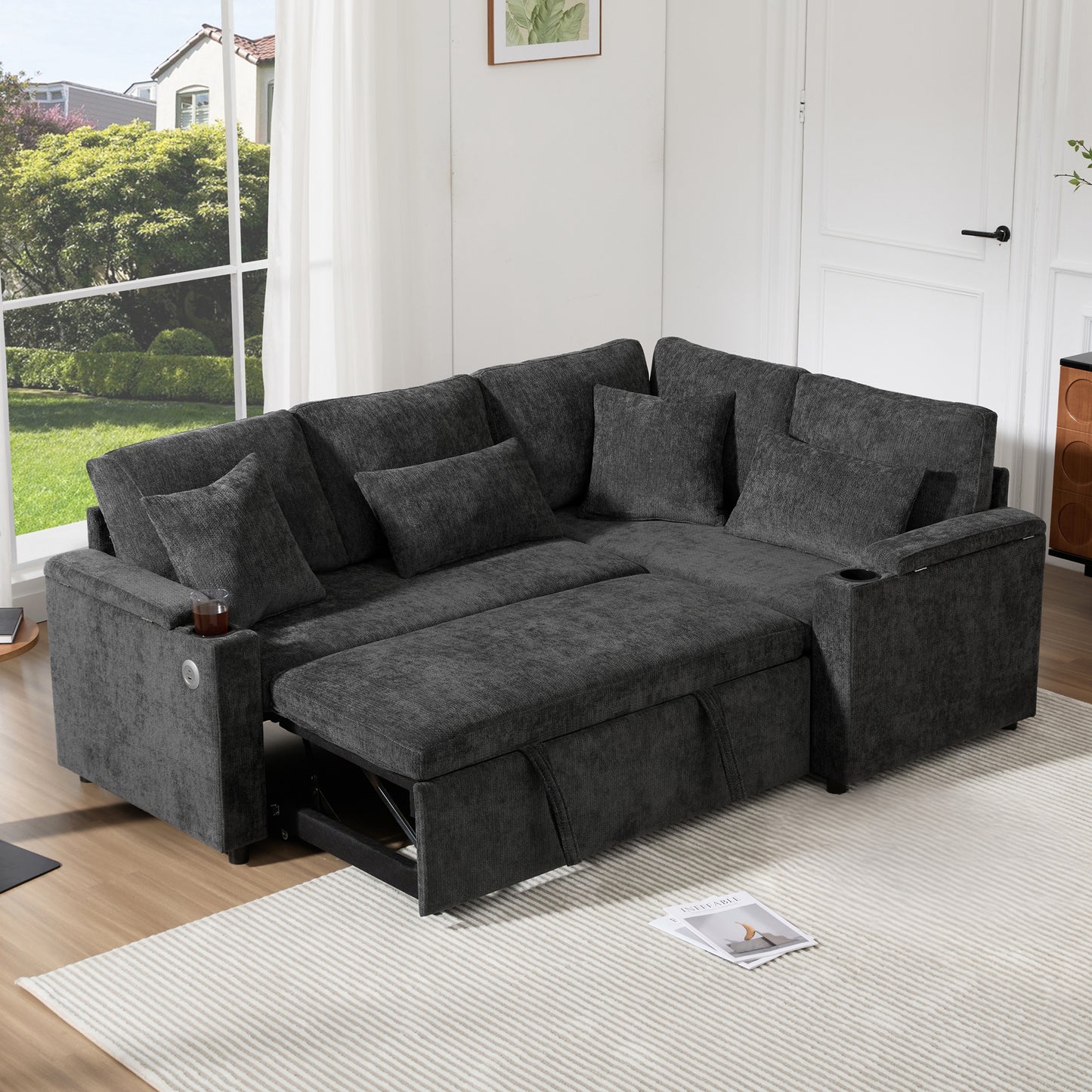 L Shaped Extendable Convertible Corner Sofa With Storage, Cup Holders, USB Charging Port, Armrest Tray And 4 Cushions, Ideal For Living Room, Guest Room And Home Cinema, Grey