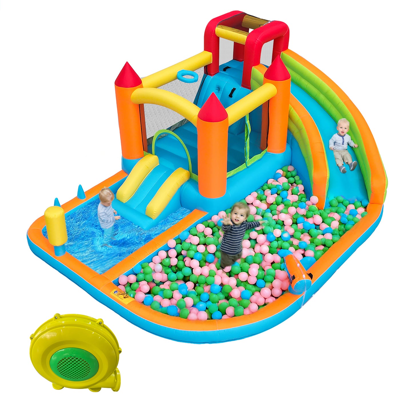 Multifunctional Outdoor Bouncy Castle With Blower, Water Slide  Trampoline  Basketball Hoop    Water Gun, 2 Pool Areas, 1 Large And 1 Small Slide, For Dry And Wet Use, A Water Par