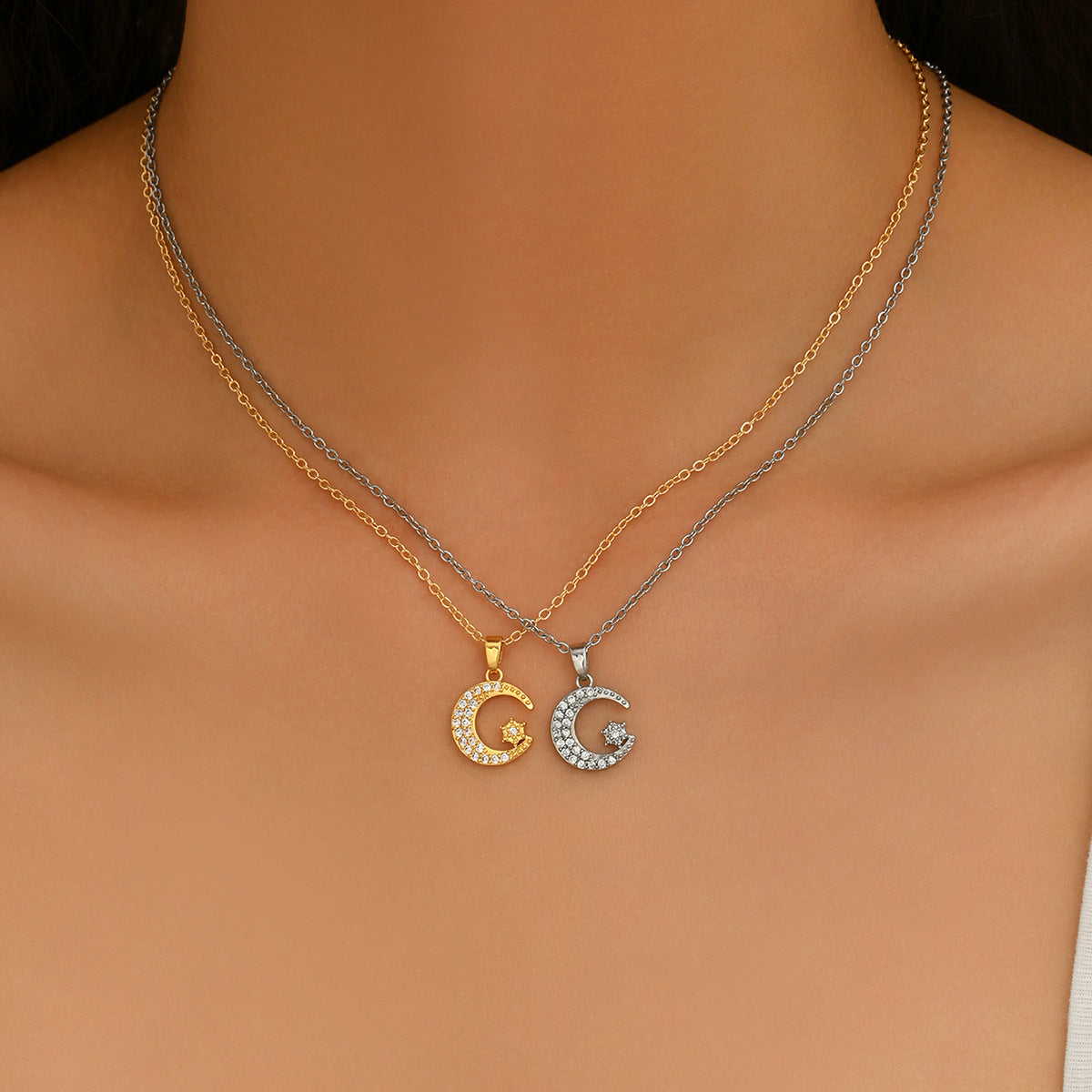 Women Moon Star Long Clavicle Necklace, Niche Personalized Design Inlaid Cubic Zirconia Pendant Necklace, European American Fashion Daily Jewelry