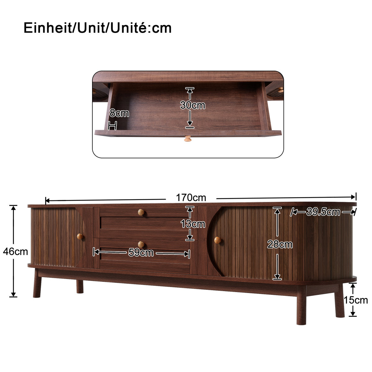 Modern TV Cabinet In Wood Look With Drawers And Storage Compartments, Rounded Corners, Sturdy Wooden Legs, TV Cabinet With Storage Space For The Living Room