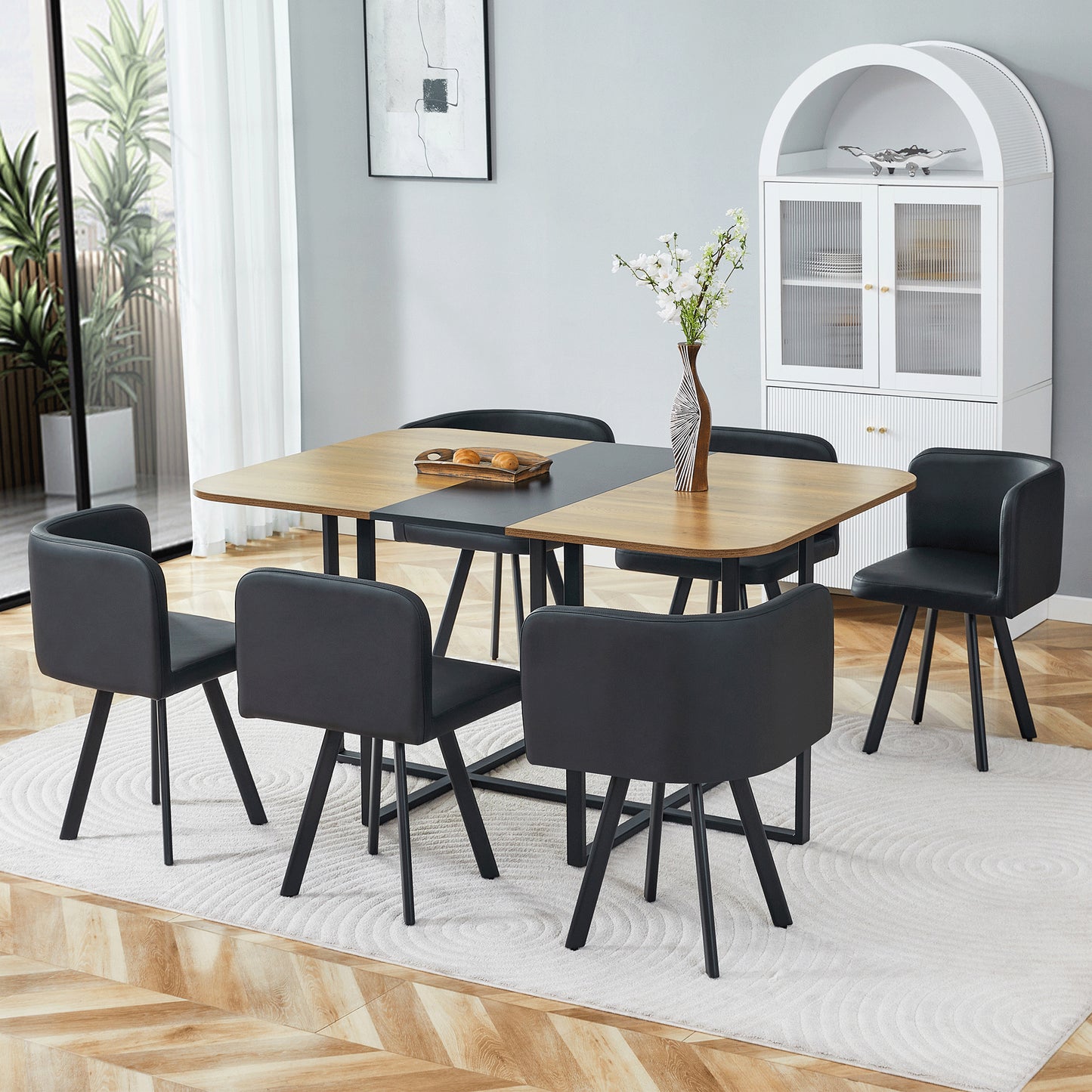 7-Piece Dining Table Set For 6, 1 Table & 6 Black PU Upholstered Chairs, Black & Wood Grain Melamine Table, Modern Kitchen Nook Set For Dining Room, Apartment & Small Space
