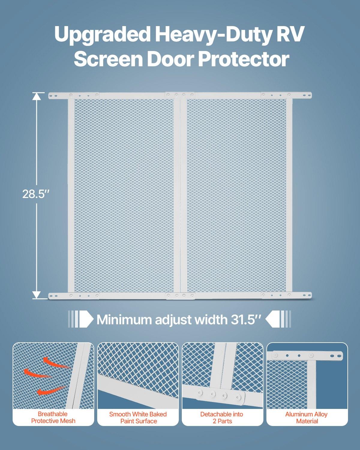 RV Screen Door Protector, 28.5 X 31.5 Inch Door Grille, Easy To Install And Disassemble, Reinforced Breathable Protective Mesh, Aluminum Alloy Camper RV Entry Protector For Pet Protection, White
