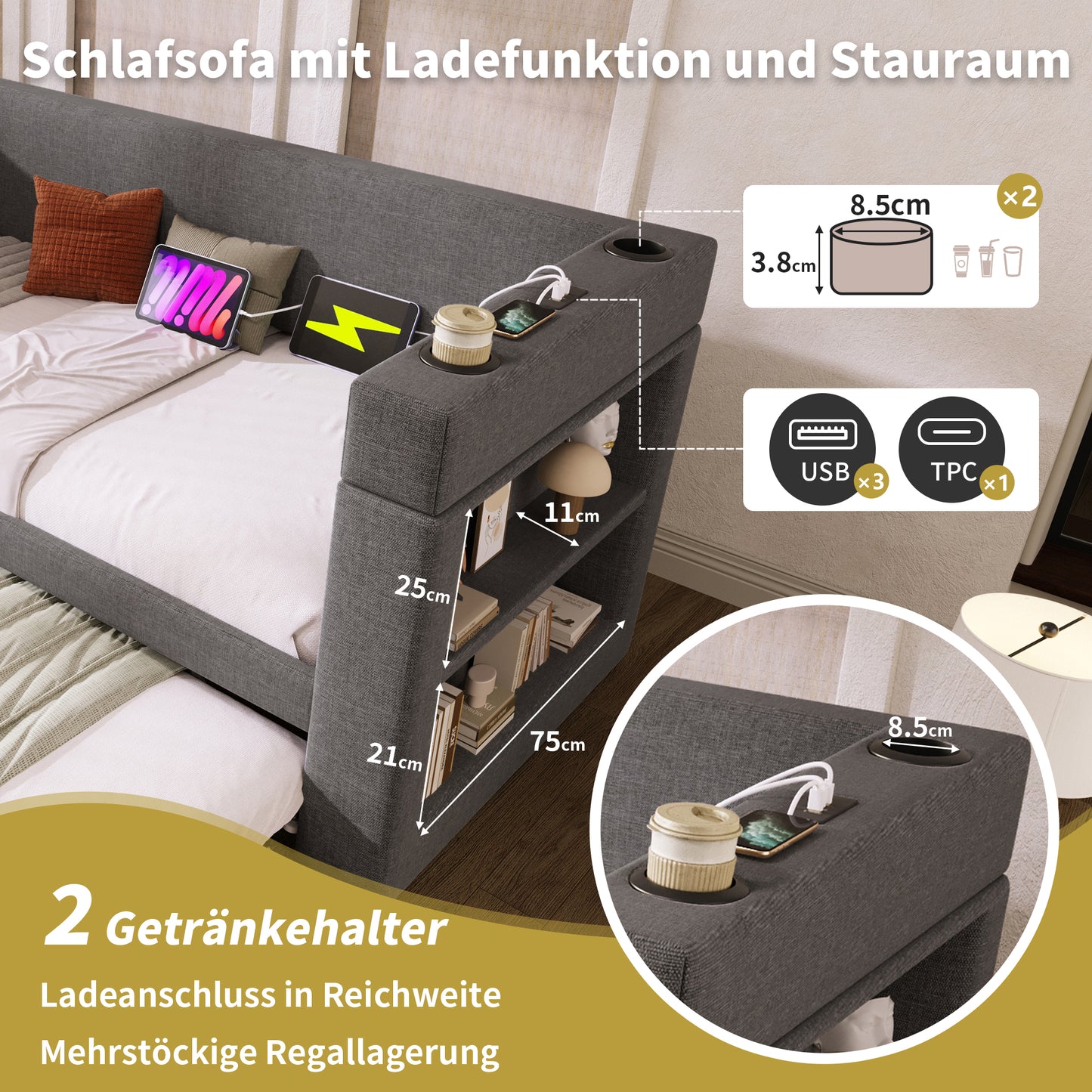 Upholstered Daybed 90x190 Cm, Single Bed Sofa Bed With Pull-out Bed, Armrests With USB & Type-C Charging Port And Cup Holder, Linen Blend, Grey, Without Mattress.