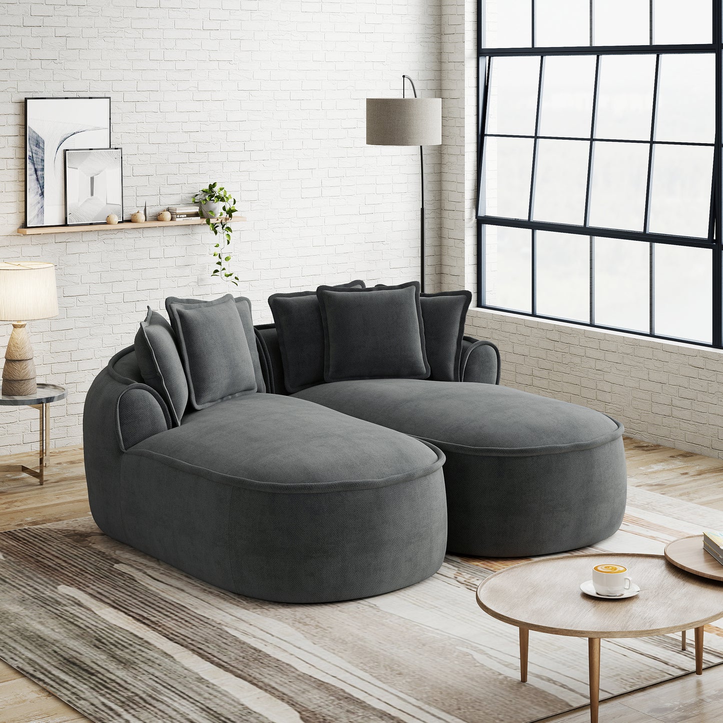 Comfortable Chenille Cloud Double Sofa, Frameless Design, Extra Large Double Chaise Longue, Including Cushions, No Setup Required, For Living Room,Grey