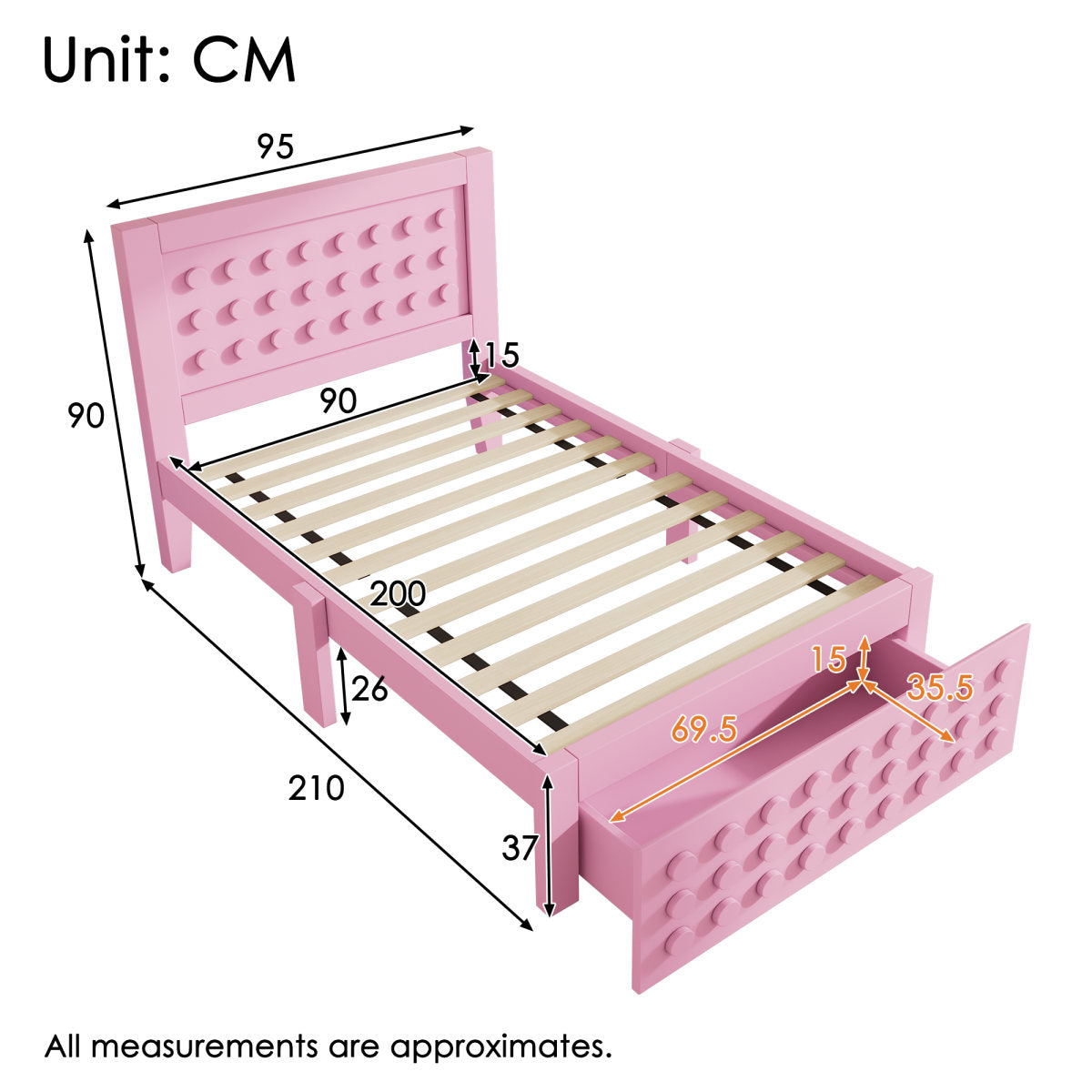 Wooden Bed Single Bed 90x200 Cm, Children's Bed Youth Bed With Creative Block Design, Solid Wood Bed Frame With Slatted Frame, With Drawers & Under Bed Storage Space, Pink, Without Mattress
