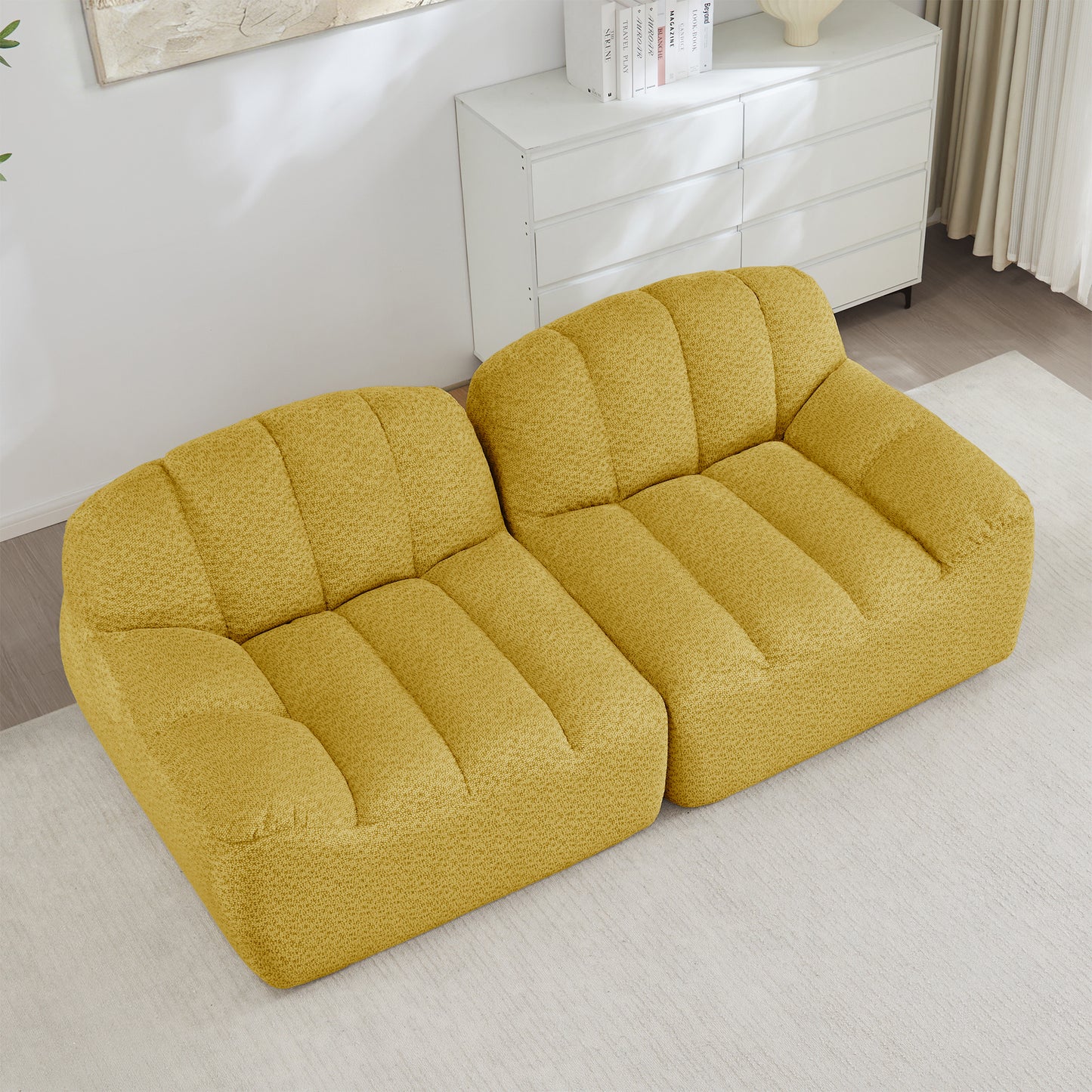 2 Seater Modular Boneless Sofa, Shell Shape, Deep Seat Cushions, Sofa For Living Room & Apartment, No Setup Required, Yellow