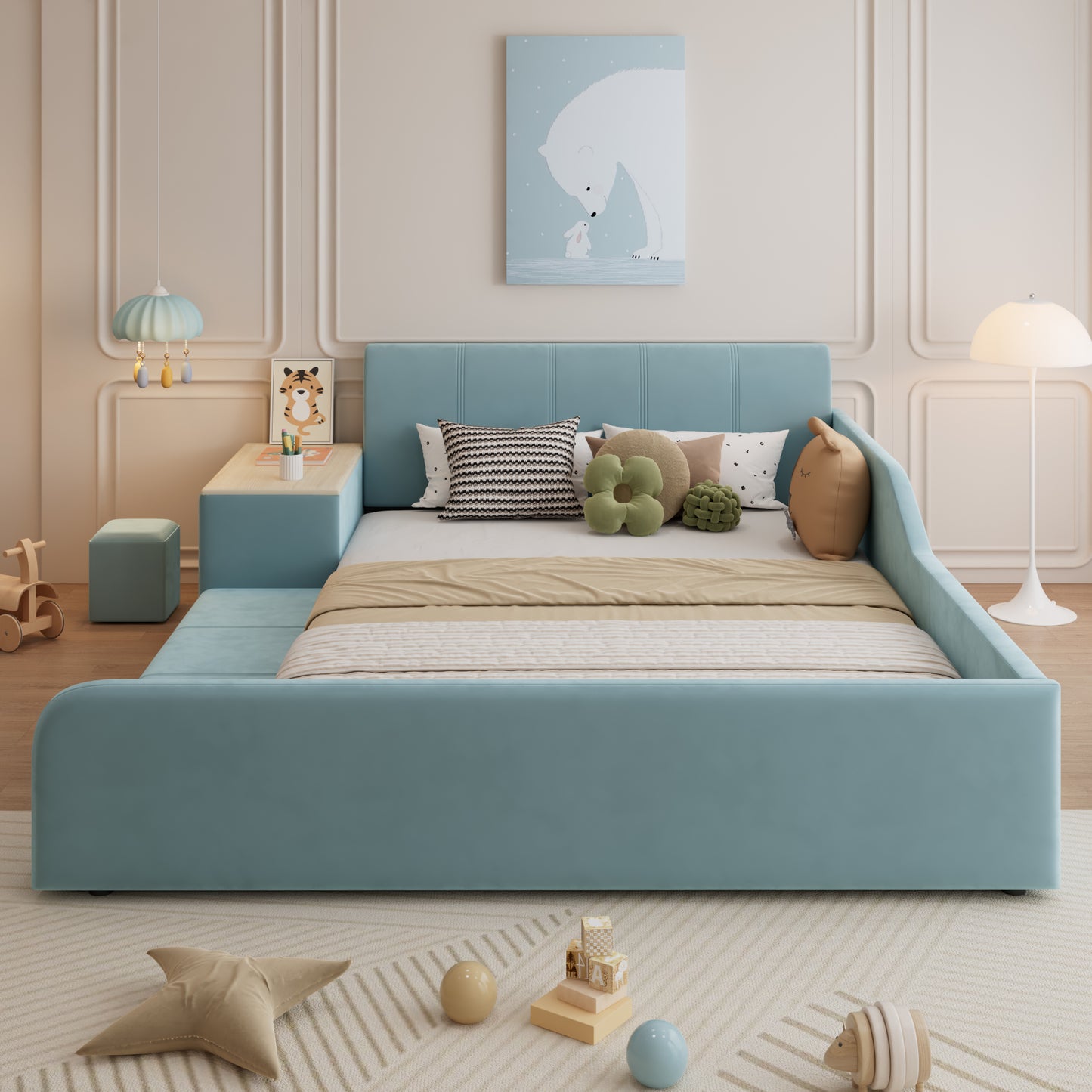 Upholstered Bed, Single Bed With Children's Desk And Stool, With Shelf, Soft Headboard, Children's Bed With Wooden Slats, Velvet, Blue, 140x200cm