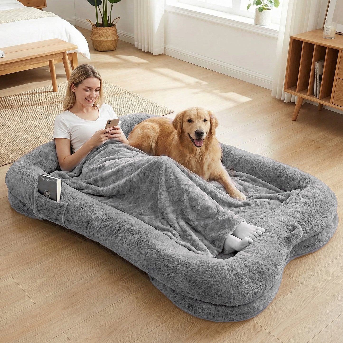 Human Dog Bed Washable Large Size Non Slip Bottom Comfortable Plush Giant Size Dog Bed With Blanket And Pocket For Home
