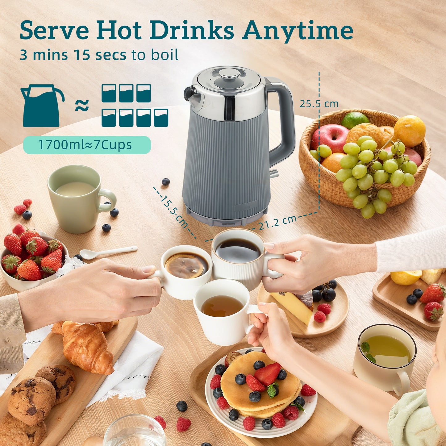 Electric Stainless Steel Kettle And Toaster Set, 3000W 1.7L UK Strix Thermostat Fast Boil Kettle W/ Limescale Filter, Cool Touch Body, 4 Slice Toaster With 7 Browning Levels, Crumb Tray, Grey
