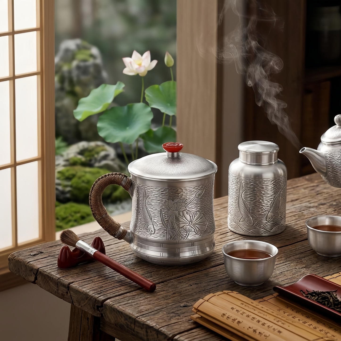 Pure 999 Fine Silver Handcrafted Silver Tea Mug with Lotus and Fish Relief and Cord-Wrapped Handle - Handicraft