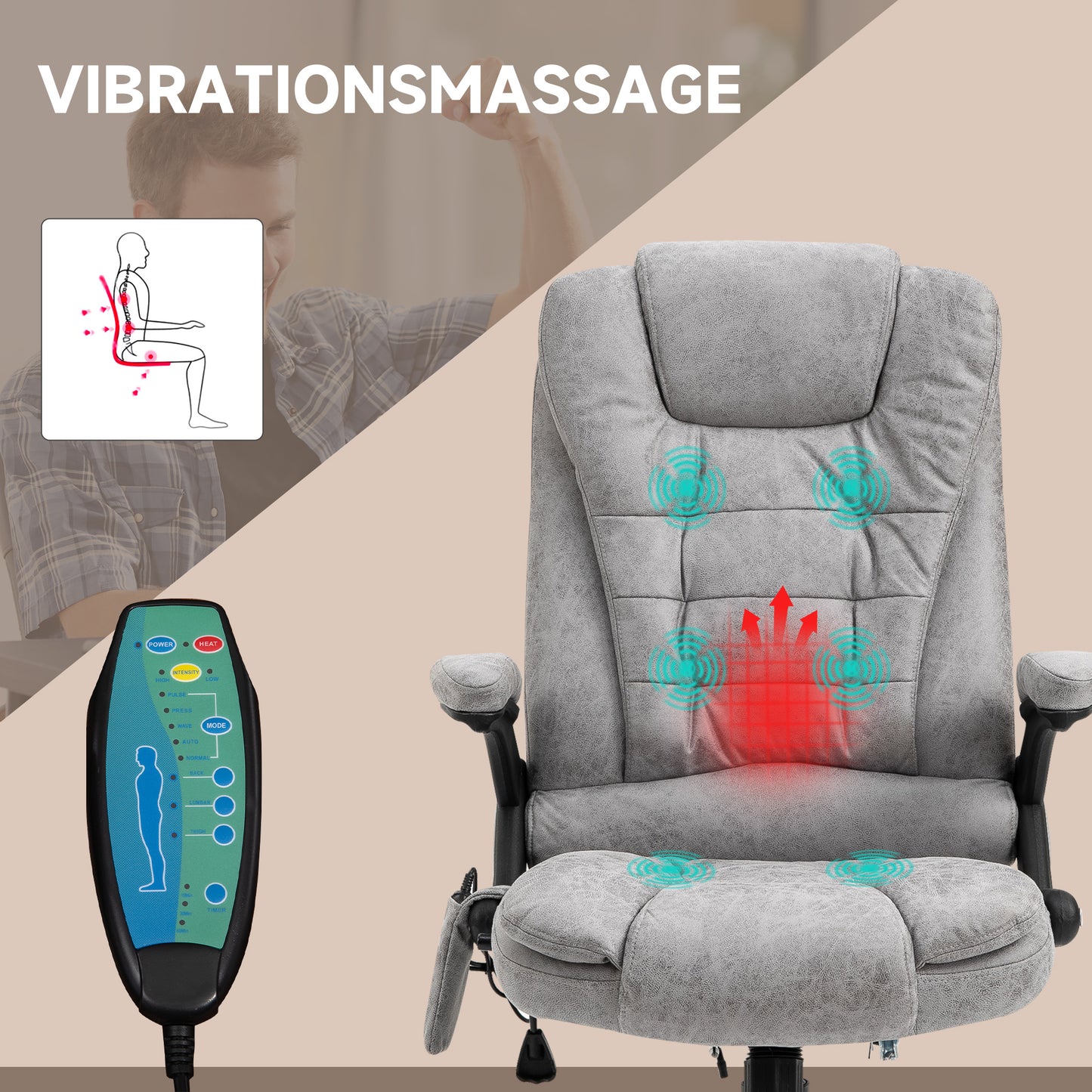 Chefsessel Mit Massage- & Wärmefunktion, Ergonomisch, Verstellbar, Bis 120kg, Grau
