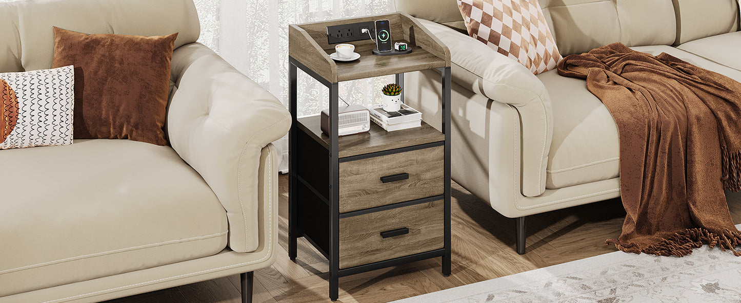 Nightstand With Charging Station Modern Bedside End Side Table With Guardrail Storage Shelf 2 Fabric Drawers USB Ports AC Outlets