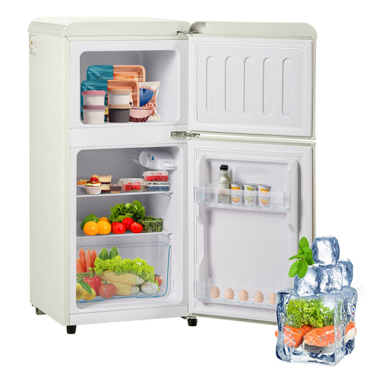Retro-style Refrigeratorfreezer. 88.8 Cm High, Two-door, 60-liter Total Capacity, 22-liter Freezer Compartment. 102 KWh Year,, LED Lighting. Cream White, Energy Efficiency