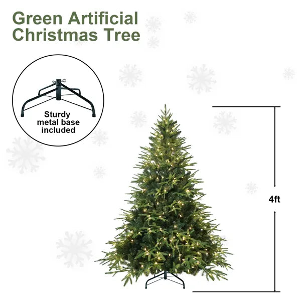 Artificial 4ft Green Christmas Tree With 856 PE/PVC Mixed Branch Tips, 150L Warm White Led, Steel Wire, Hinged Premium & Foldable Base For Indoor Holiday Decorating