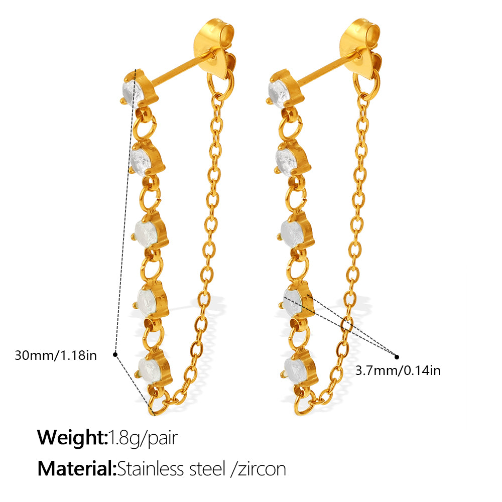 New Fashion Luxury Design Zircon Inlaid Pendant Earrings, Stainless Steel, Korean & Japanese Style Chain Tassel Ear Jewelry
