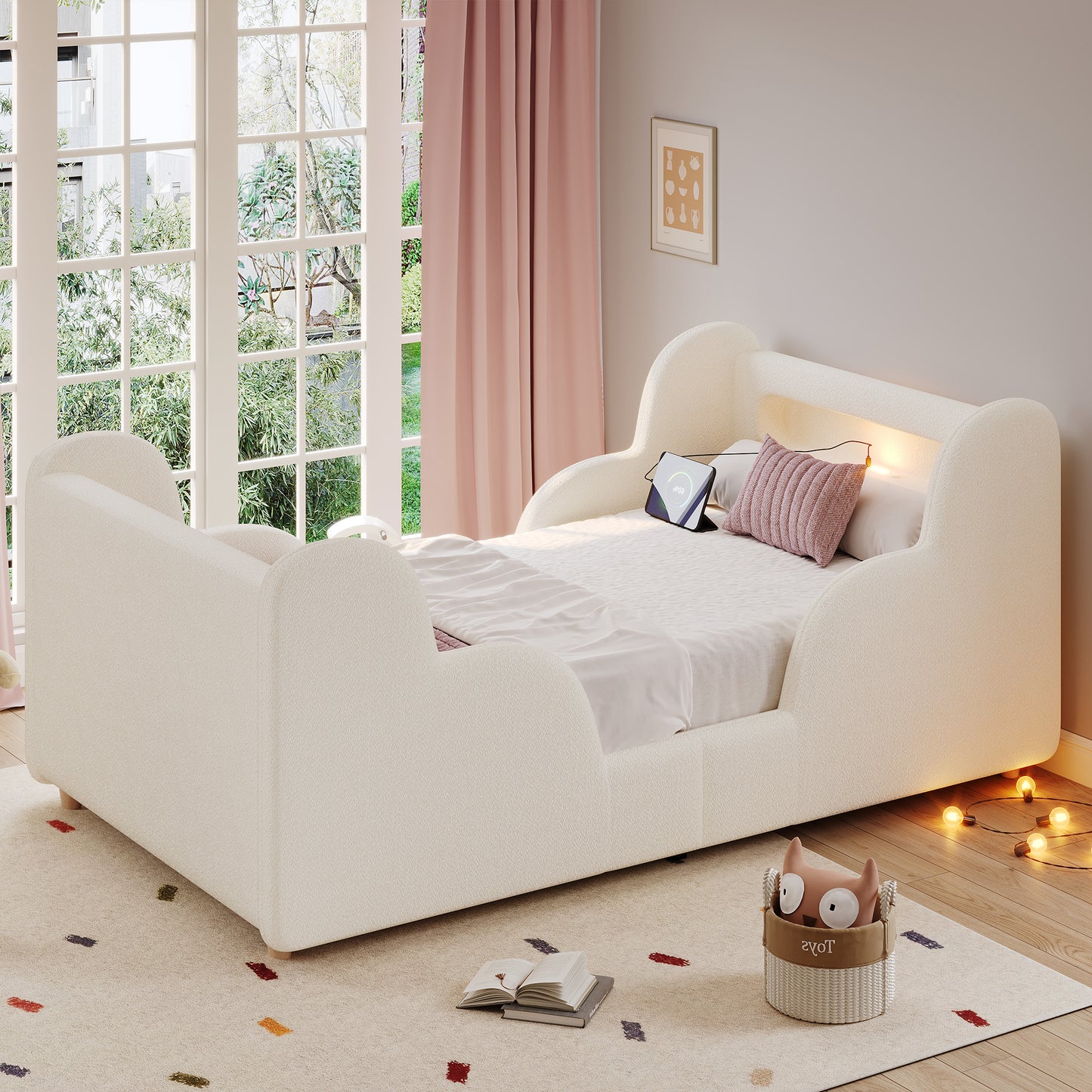 Children's Bed 90 X 200cm, Upholstered Bed, Single Bed, With Safety Railing, With Night Light And USB Charging Port And Storage Compartments, Bed Legs Made Of Solid Wood, Beige Boucle