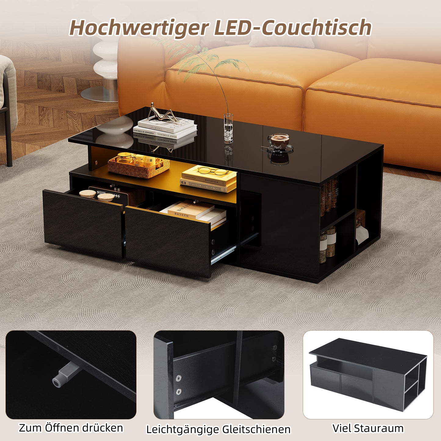 100x50x35cm Tea Table With LED, Living Room Coffee Table, Sofa Table With 2 Drawers, Coffee Table With Total Load Capacity Of 60kg, Black Living Room Table With Plenty Of Storage