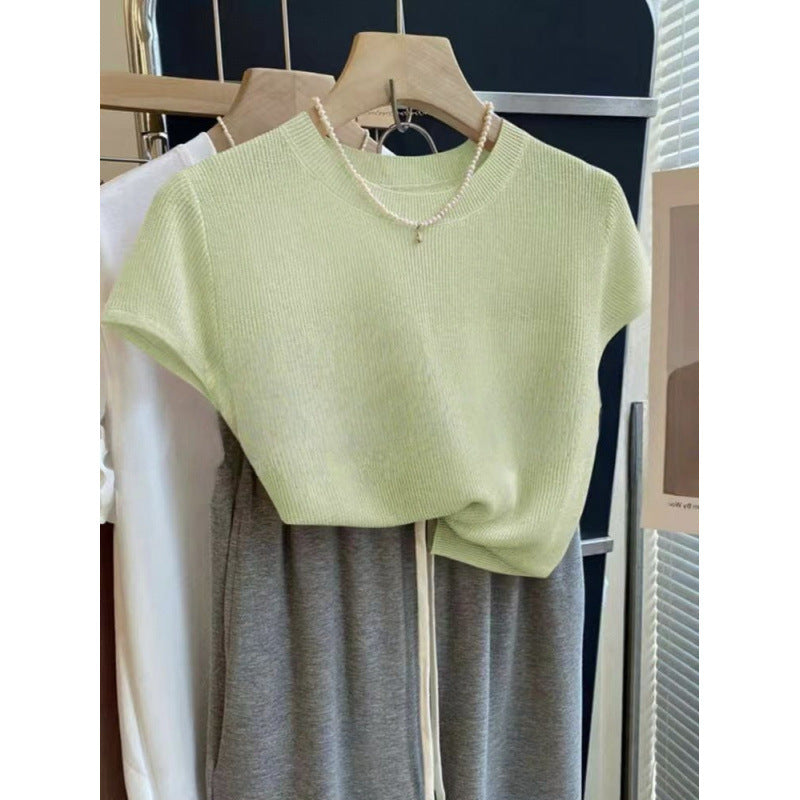 Korean-style Elegant Round-neck Minimalist Knitted Short-sleeve Top For Women