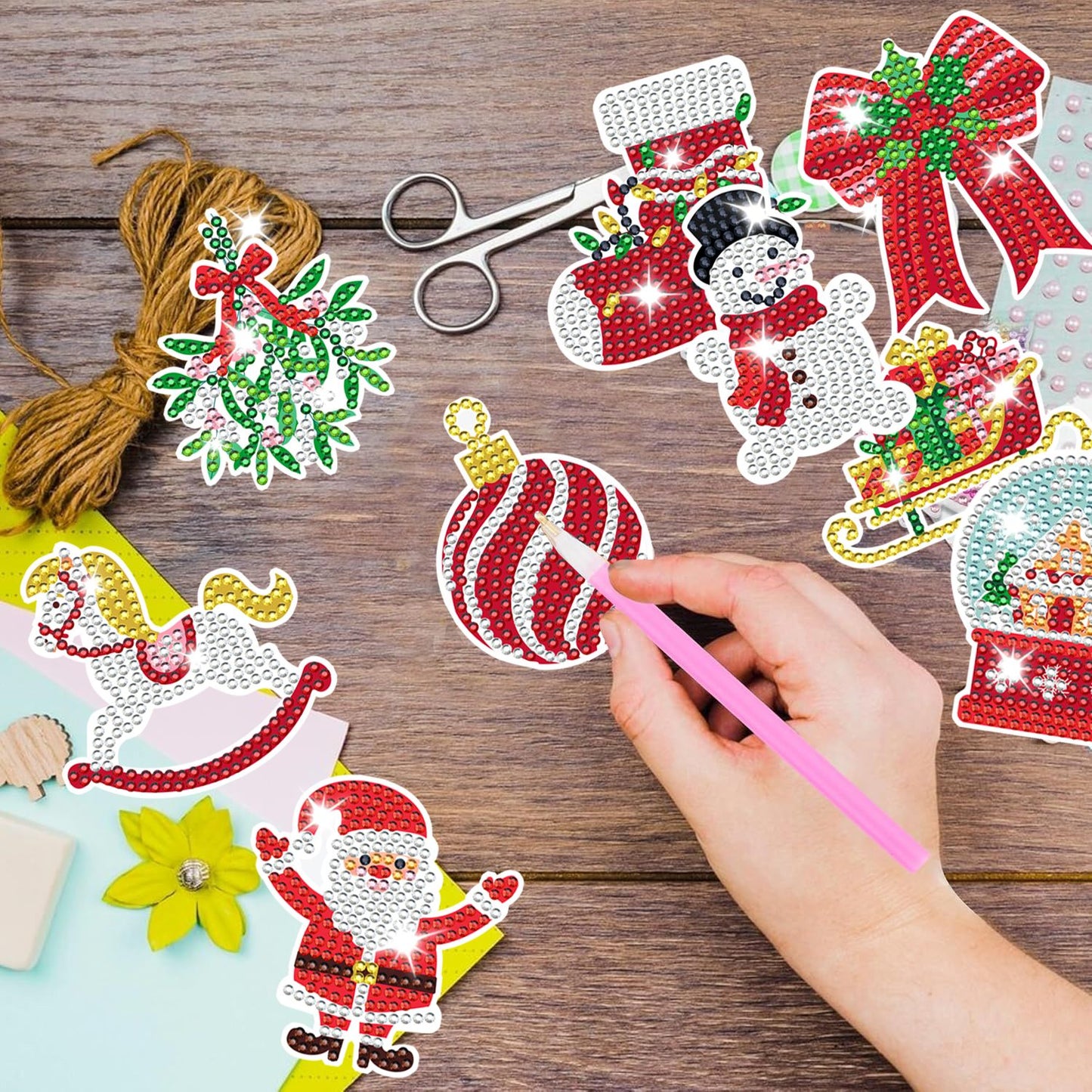 12Pcs Christmas Rhinestones Painting Kits Santa Claus Snowman Gingerbread Man Christmas Stockings Bows Design Rhinestones Art For DIY Art Garden Stake Decoratoin Enjoy Crafting Holiday Gifts
