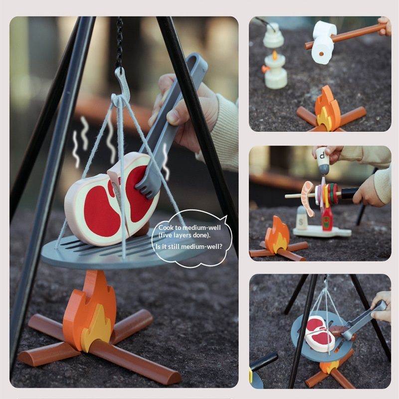 Wooden Camping BBQ Toy Childrens Pretend Kitchen Playset