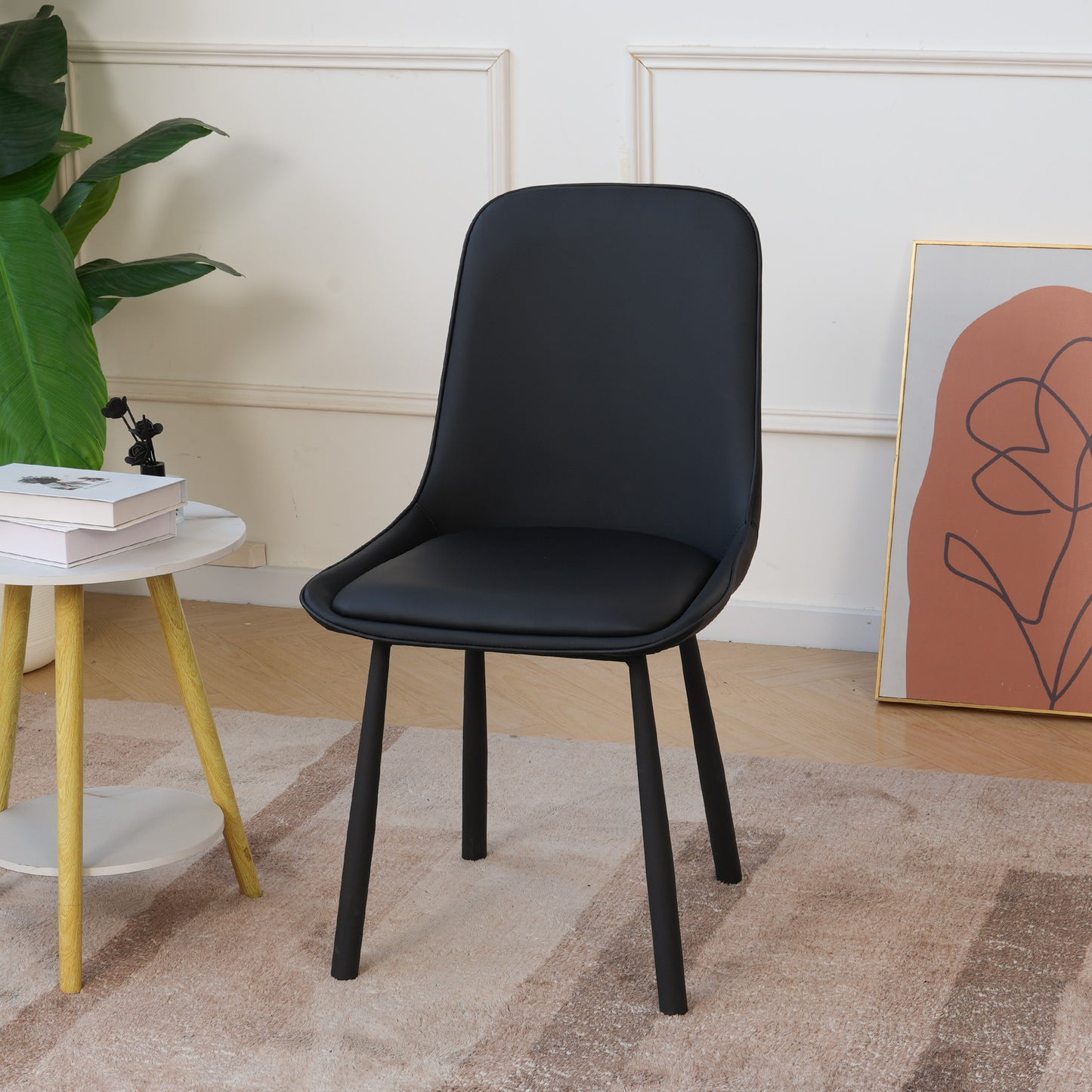 Modern Minimalist Black Faux Leather Dining Chairs Set Of 2, Iron Legs, Nordic Style Upholstered Backrest Chairs For Kitchen & Living Room