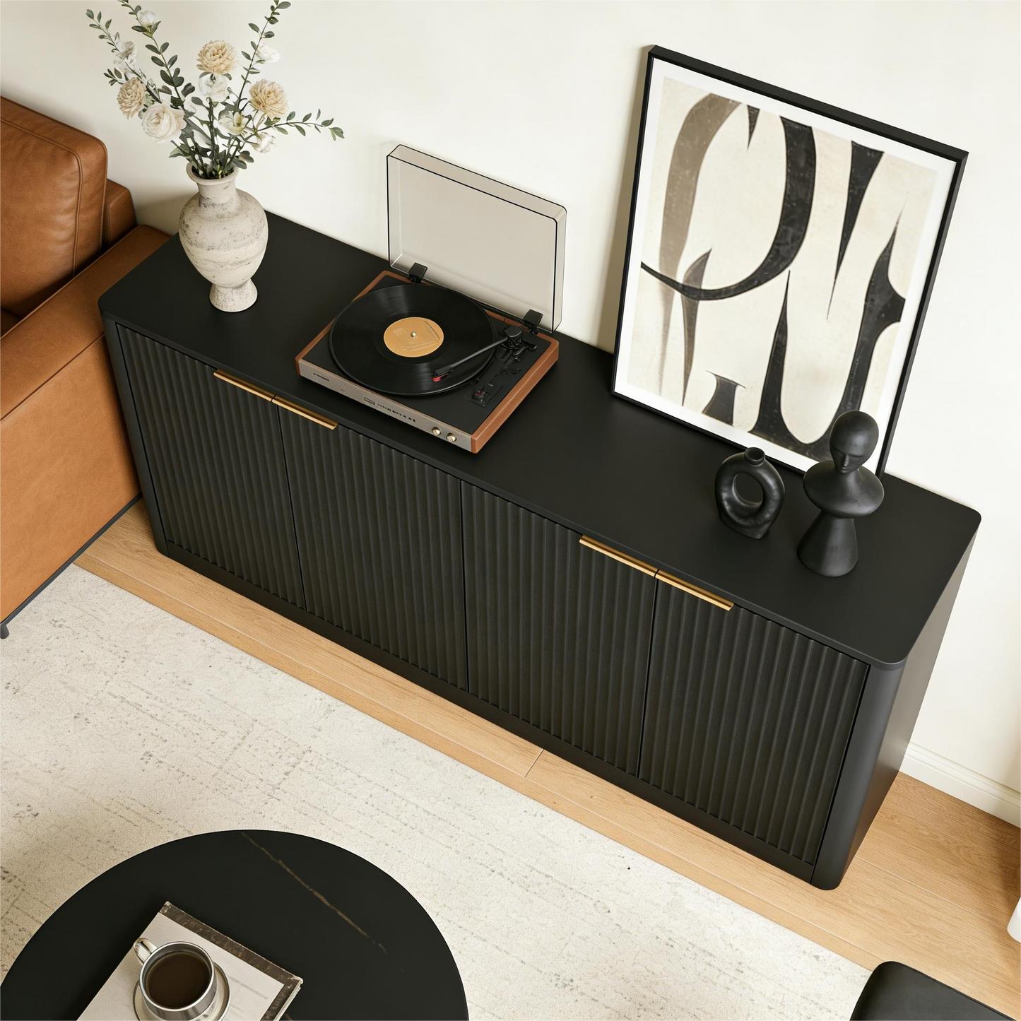 150cm Modern Sideboard With Wave Shape,Storage Cabinet With Curved Contour Design,4 Door Cabinet With Storage Function,Suitable For Kitchen Bedroom Living Room,Black,150x40x70.5cm