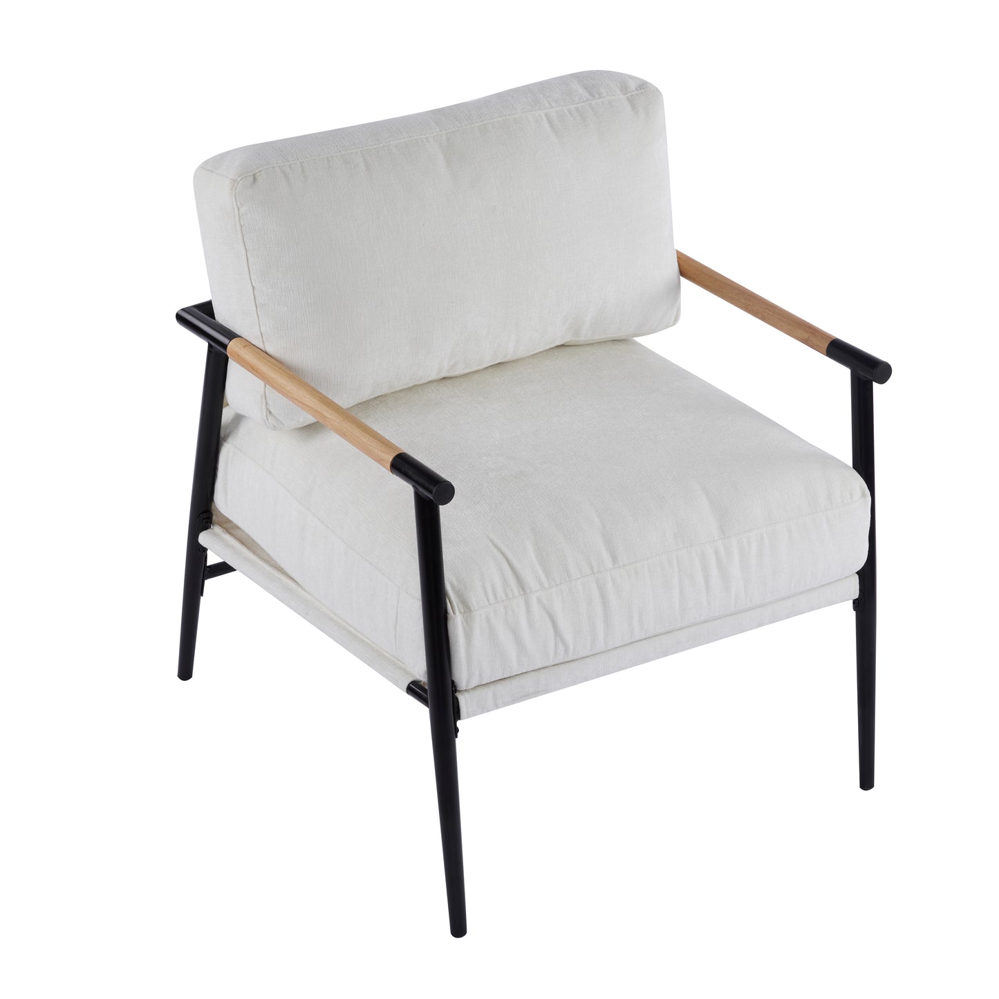 27.56  Modern Accent Chair With Plush Cushions, Minimalist Metal Frame, And Wooden Armrest Design -Perfect For Cozy Living Room, Bedroom, Or Office Seating