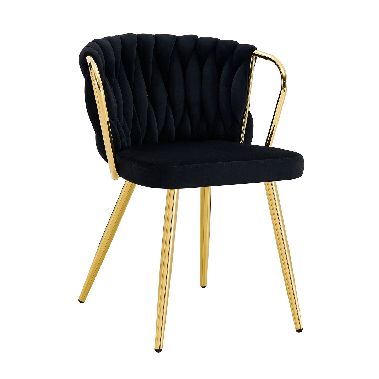 Dining Chair With Velvet Cover, Modern Upholstered Chair With Woven Backrest & Golden Metal Legs, Ergonomic Armchair For Dining Room, Living Room & Kitchen, Black And Gold