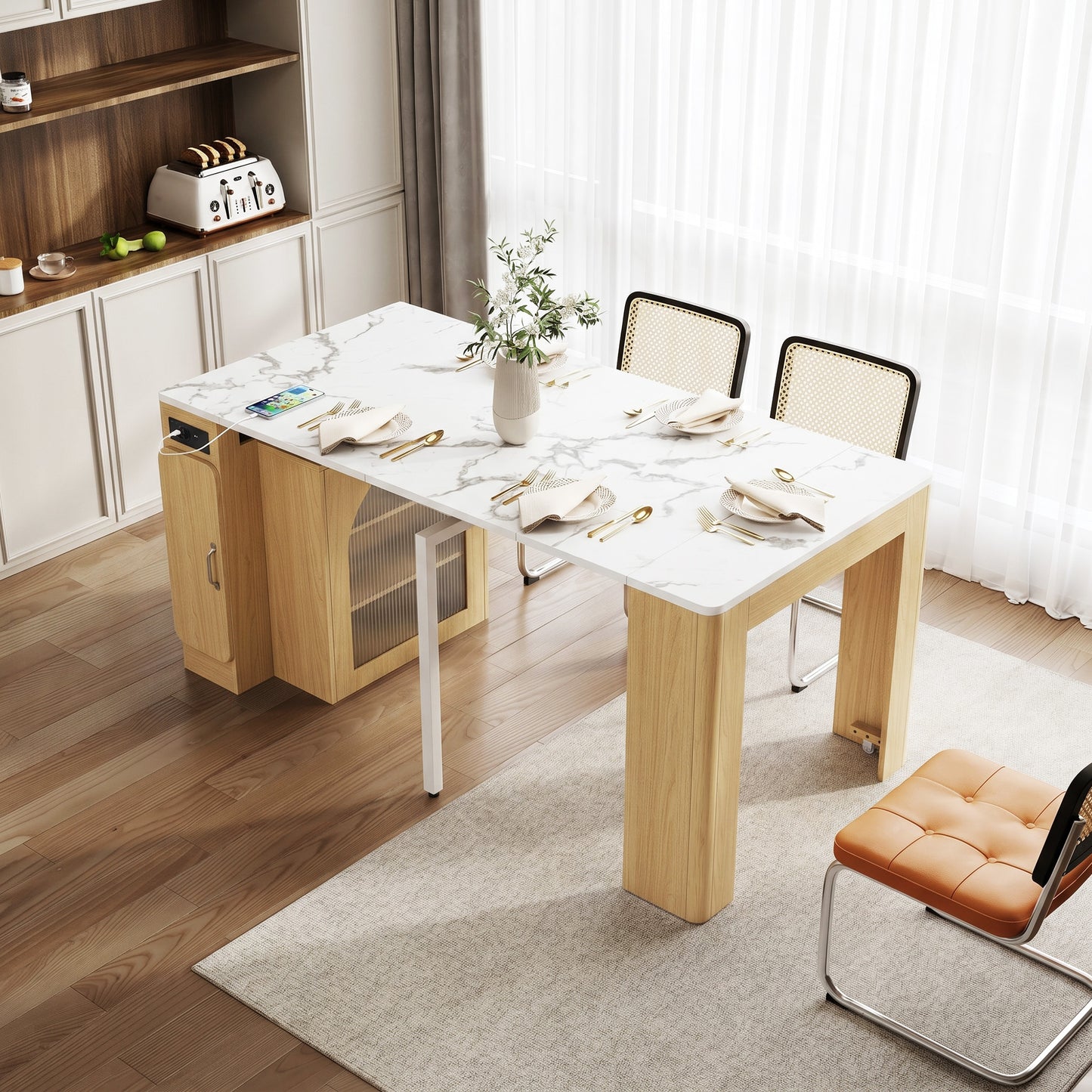 Kitchen Island With Wheels, Extendable Dining Table With Removable Table Top, Mobile Serving Trolley With Power Strips, Serves As A Sideboard, Sideboard Or Bar Table For Kitchen And Dining Room  Natur