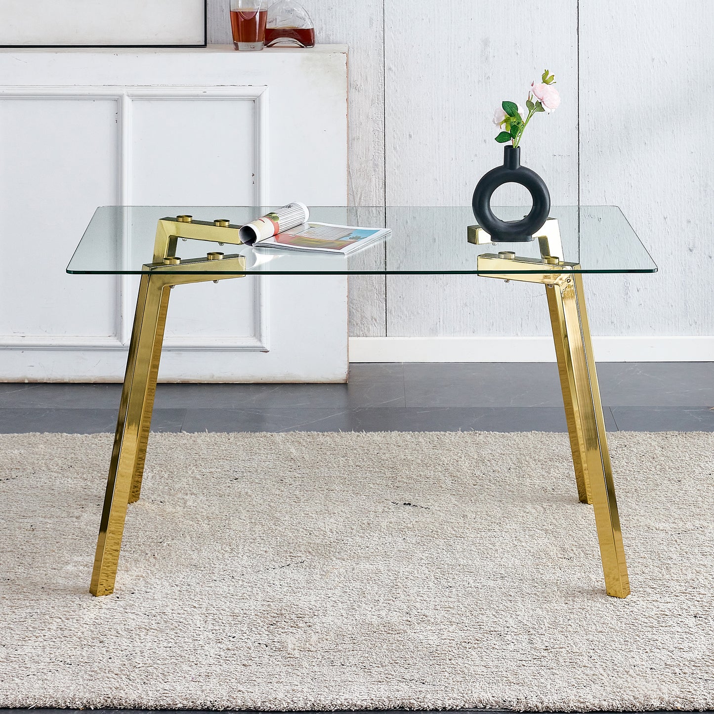 Modern Minimalist Style Rectangular Glass Dining Table With Tempered Glass Tabletop And Golden Metal Legs, Suitable For Kitchen, Dining Room, And Living Room, 51   X31.5x 29.5     1123