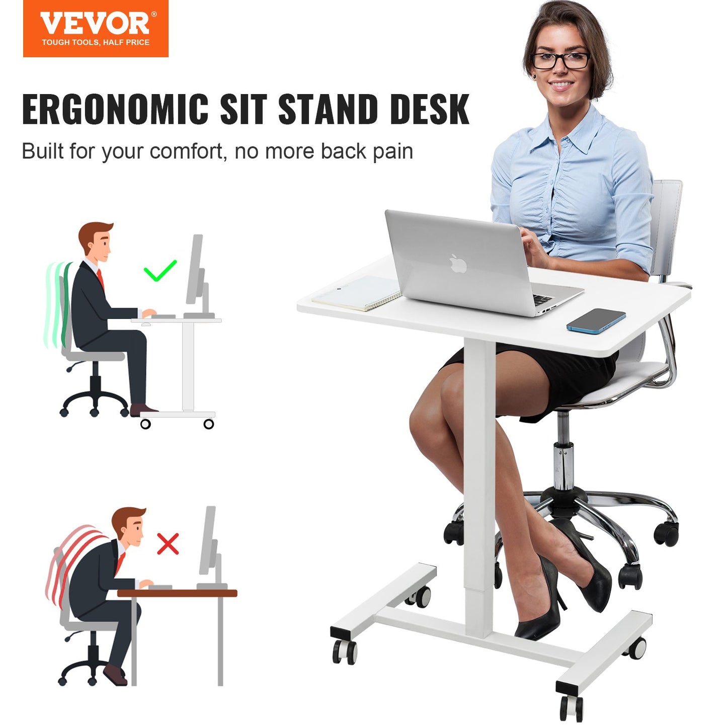 Mobile Standing Desk, 28"-44" Gas-Spring Height Adjustable Sit-Stand Desk, 4 360° Swivel Wheels (2 Lockable) Portable Rolling Laptop Table Computer Cart For Home Office School, 40LBS Loading