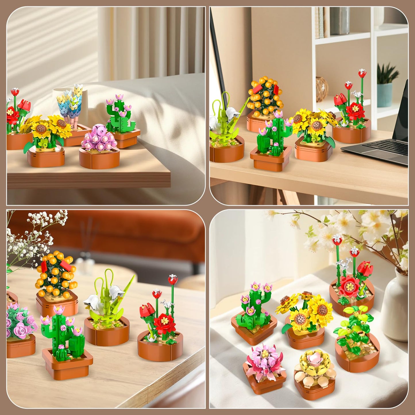 12 Pack Flowers Succulents Mini Building Set-1403PCS Flower Botanical For Home Office Decor 3.6MM Plant Blocks Toy, Easter Birthday Gifts For Adults Women Kids Girls