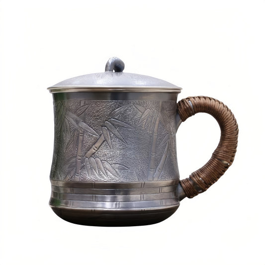 925 Sterling Silver Vintage Pewter Tea Mug with Bamboo Engravings and Rattan Wrapped Handle - Handicraft
