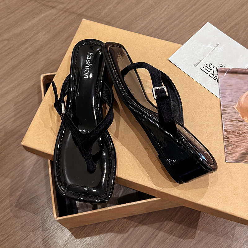 Women's French Square Toe Wedge Platform Thong Sandals For Outdoor Wear