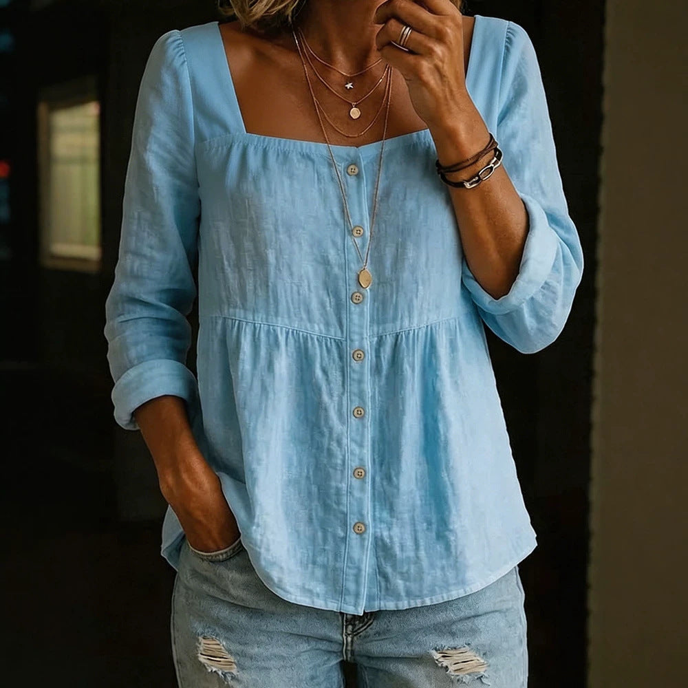 Womens Fashion Solid-color Long-sleeve Square-neck Button-up Shirt