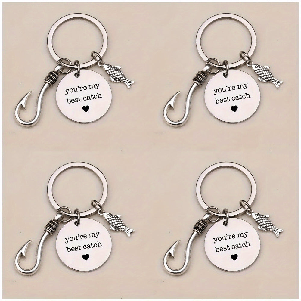 4pcs Stainless Steel Mountaineering Chain Keychain Metal Fishing Enthusiast Gift With Cartoon Style Fish Hook