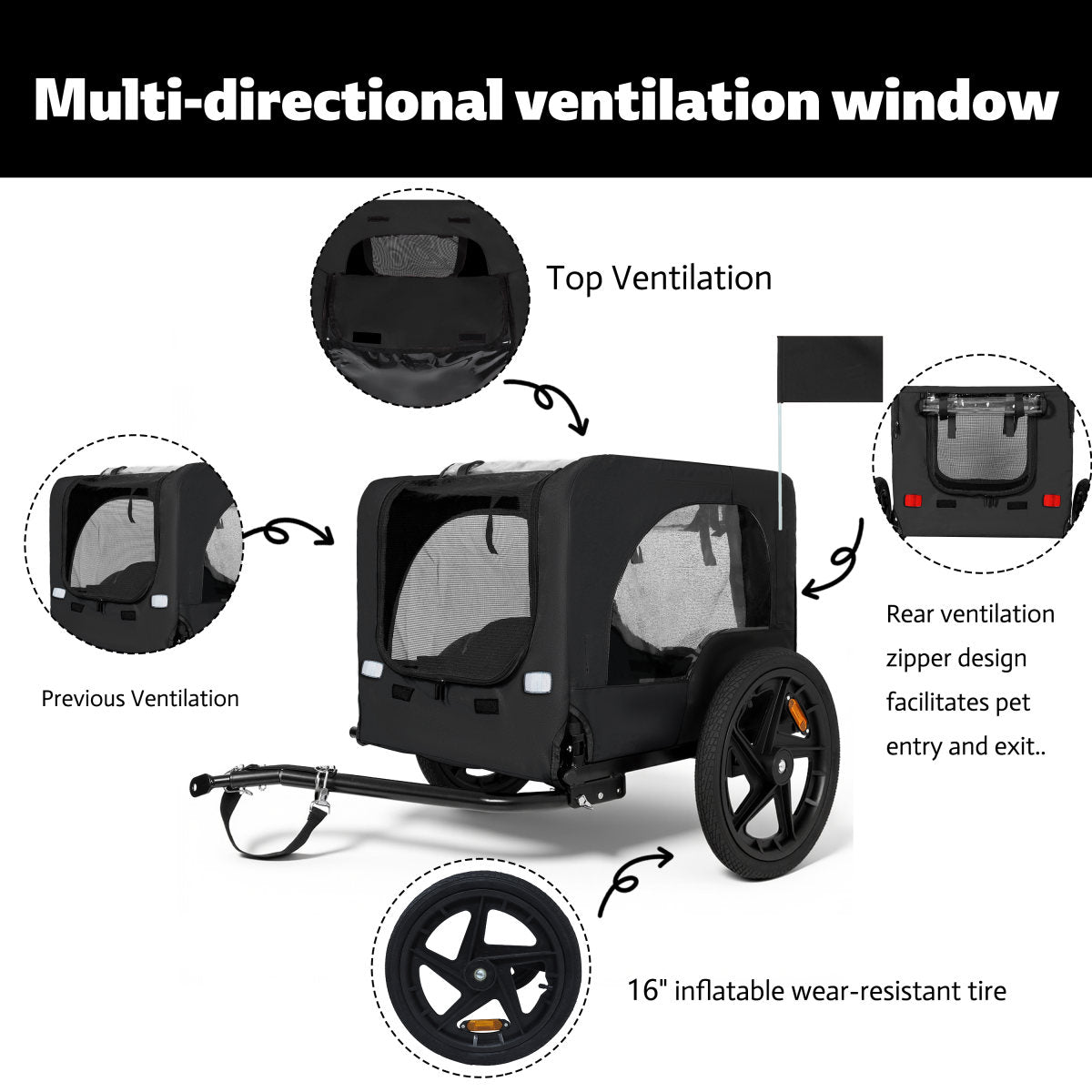 Outdoor Heavy Duty Collapsible Pet Bike Trailer With 16-Inch All-Terrain Wheels & Universal Hitch - Foldable Dog Cargo Carrier Cart For Bicycles, Black