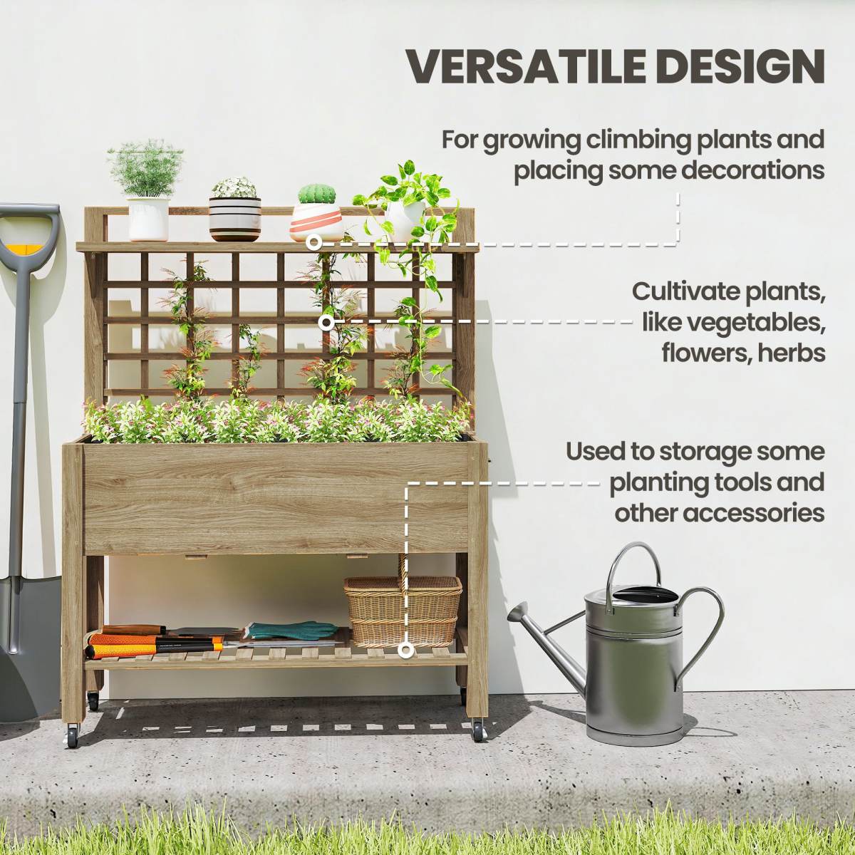 41" Raised Garden Bed Mobile Elevated Wooden Planter Box Stand With Wheels, Trellis And Storage Shelf, Dark Brown