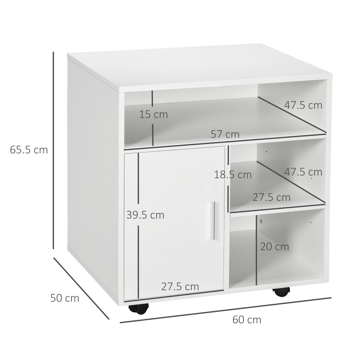 Multi-Storage Printer Stand Unit Office Desk Side Mobile Storage W Wheels Modern Style 60L X 50W X 65.5H Cm - White