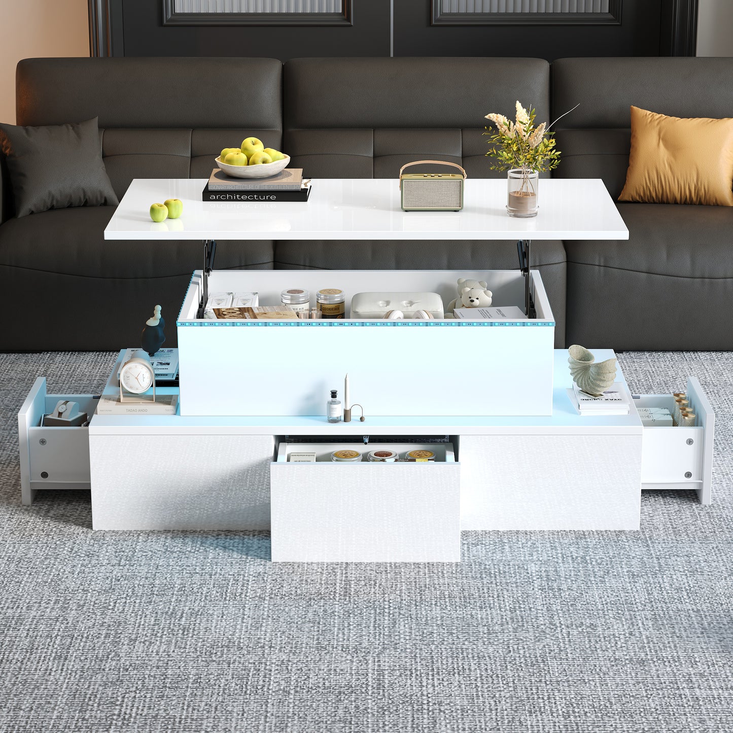 Liftable Coffee Table With 4 Drawers, High-gloss Side Table With LED Lighting, Sofa Table, Coffee Table, Living Room Table With Hidden Storage, White, MDF