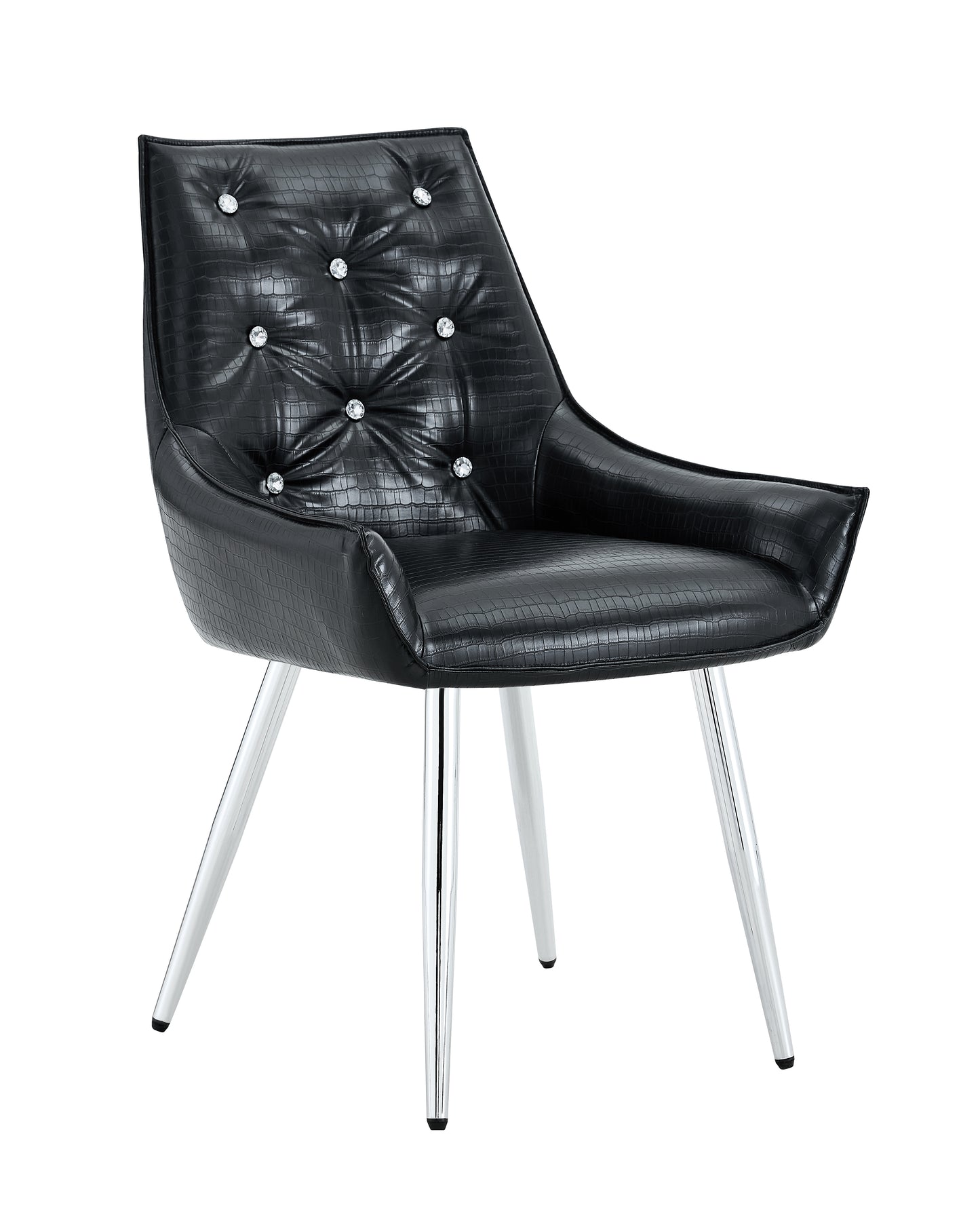 Pattern Premium PU Leather Accent Chair, Diamond Decor Backrest, Chrome Silver Metal Legs & High-Resilience Sponge Cushion - Versatile For Office, Dining Room & Living Room  Black, Set Of 2