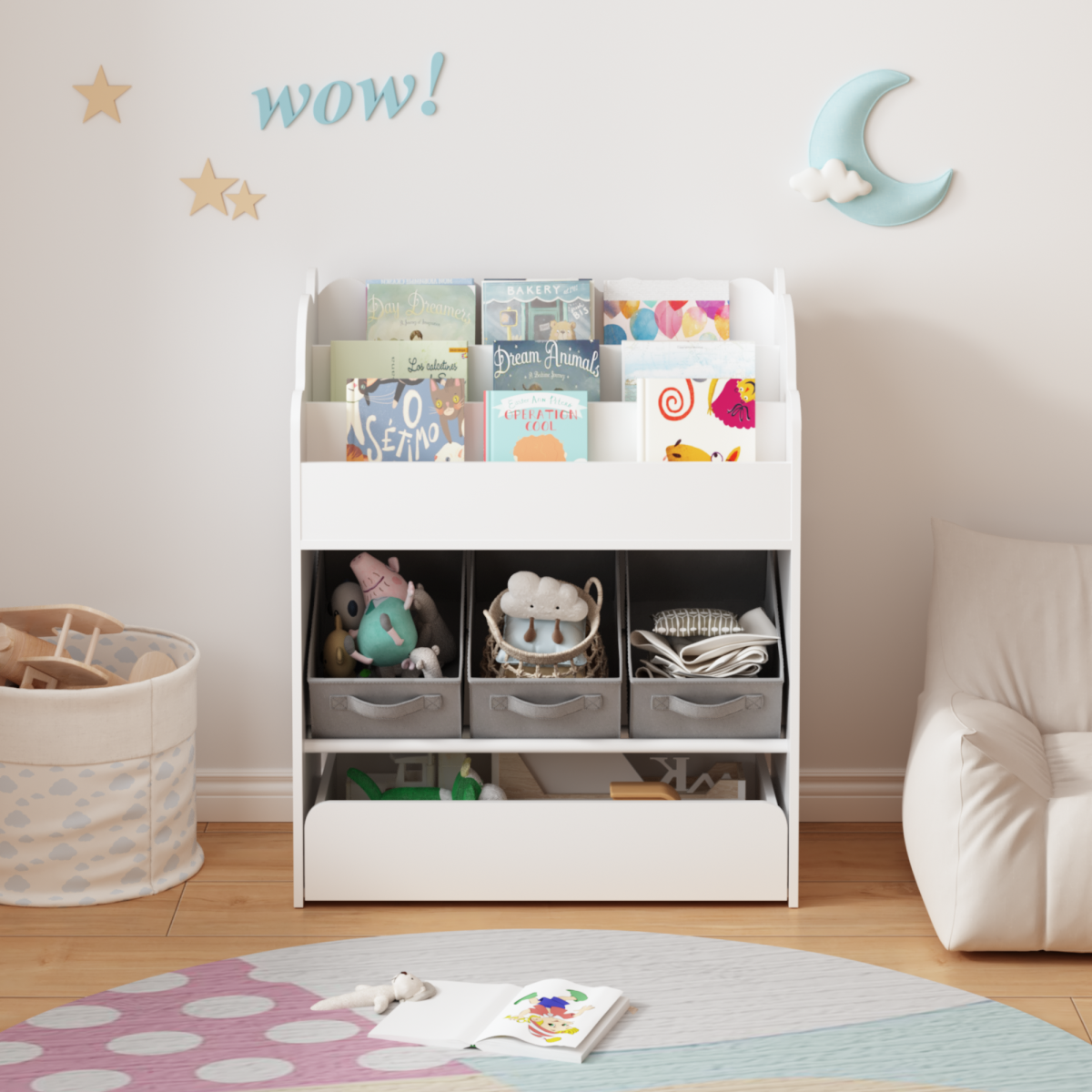 Kids Bookshelf With Storage Bins And Drawer, Multi-Functional Wooden Book Organizer For Toddlers, White Bookcase For Toys, Books And Nursery Room