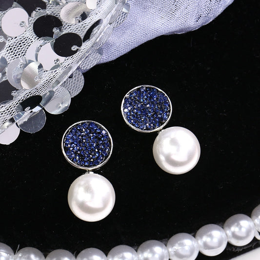 1 Pair 999 Sterling Silver Blue Crystal & Pearl Drop Stud Earrings, Elegant & Versatile, Perfect For Daily, Dating & Business, Ideal Valentine's Gift