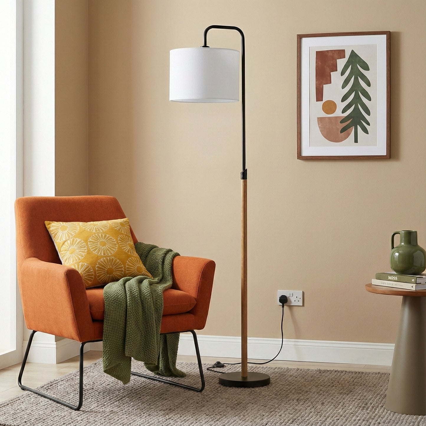 Floor Lamp With Cylinder Shade, Curved Standing Light For Living Room, Bedroom Reading Corner & Office Illumination, Lior Floor Lamp Wooden Pole 110V