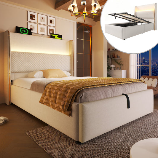 Modern Hydraulic Bed With High Headboard, 90x200cm Single Bed With LED Lighting, Storage Space & USB Type-C Ports, In Linen Look Beige  Without Mattress