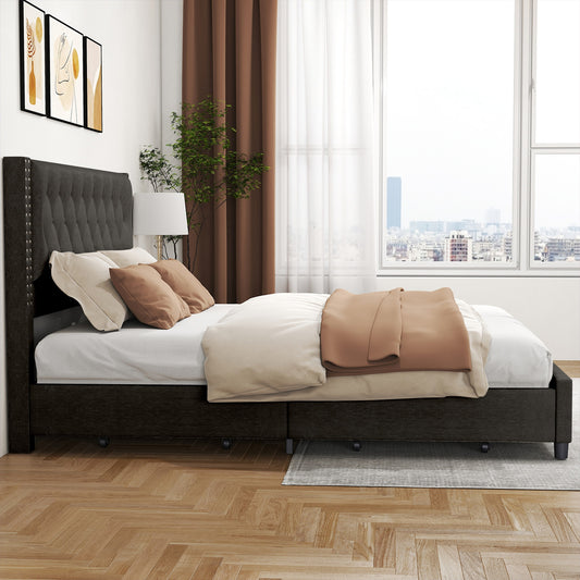 King Size Bed Frame With Upholstered Button Tufted Headboard Wood Slat Support Metal Platform Bed Frame With 4 Drawers No Box Spring Needed Easy Assembly For Home