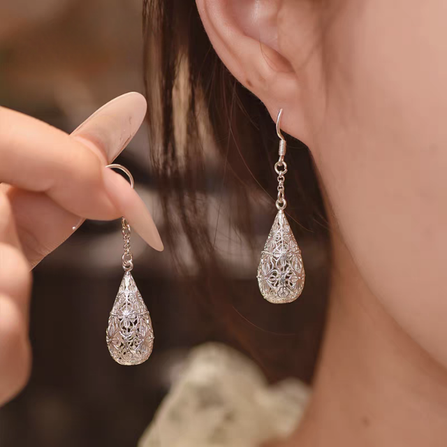 1 Pair 999 Sterling Silver Filigree Hollow Teardrop Drop Earrings, Retro & Elegant, Perfect For Daily, Party & Dating, Ideal Valentine's Gift