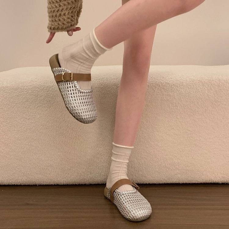 Sandals With Thick Soles, Sandals For Outdoor Wear, Mesh Woven New Style, Haken Summer Retro Toe Cap, Half Slippers For Women, Hollowed Out Design